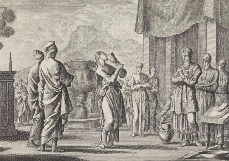 Woodcut of woman drinking from the cup in rite described in Numbers 5:11-31