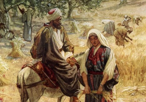 Boaz on a donkey talking to Ruth in the fields.
