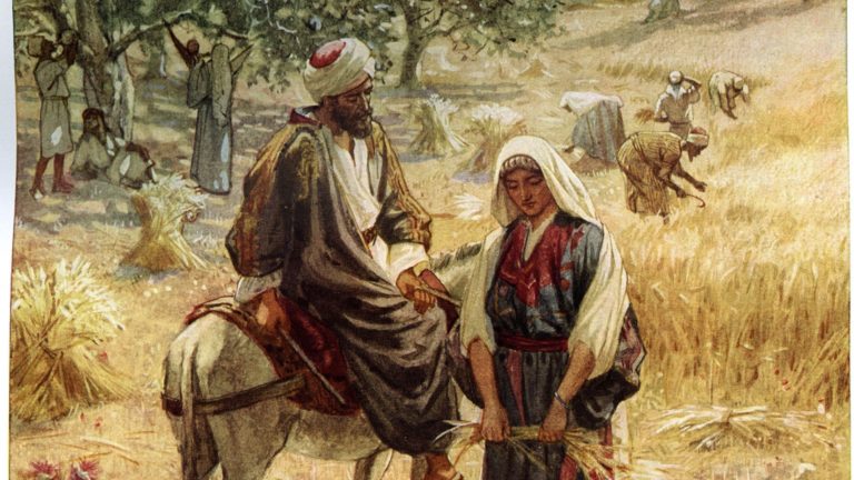 Boaz on a donkey talking to Ruth in the fields.