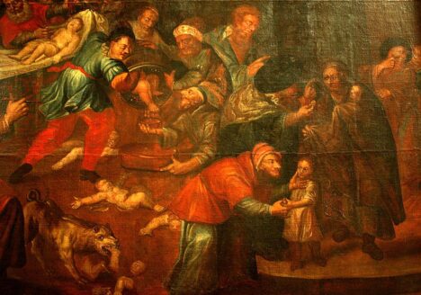 Painting in Sandomierz Cathedral, Poland, depicts Jews murdering Christian children for their blood, ~ 1750.