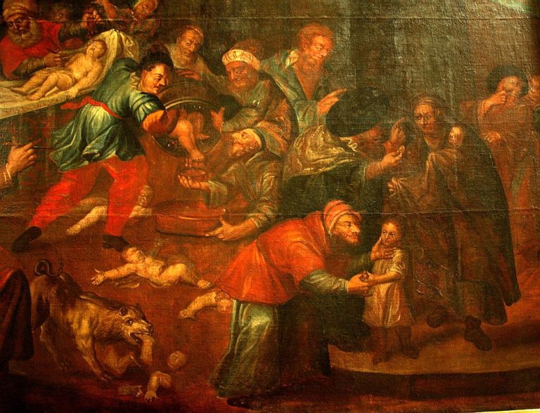 Painting in Sandomierz Cathedral, Poland, depicts Jews murdering Christian children for their blood, ~ 1750.