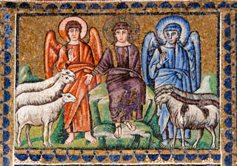 Mosaic depicting the last judgement of Christ and the dividing of the sheep from the goats. Either side of Christ are angels.