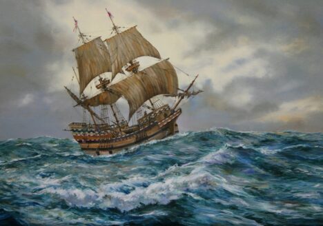 “The Mayflower In Heavy Seas, 1620.” Peter Goodhall, United Kingdom, 2023.
