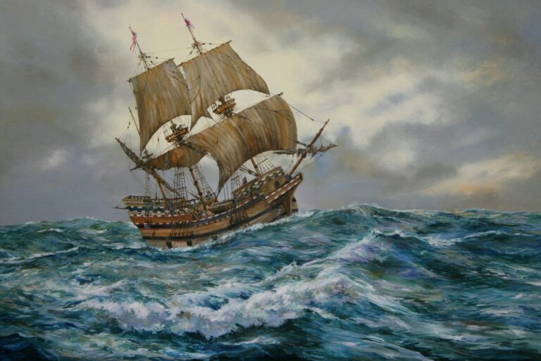 “The Mayflower In Heavy Seas, 1620.” Peter Goodhall, United Kingdom, 2023.