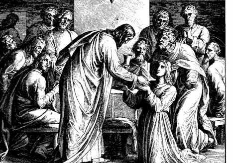 Schnorr von Carolsfeld "Bibel in Bildern" 1860 woodcut illustration of Jesus serving wine at the Last Supper
