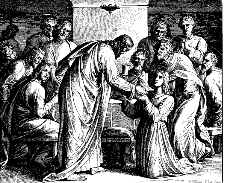 Schnorr von Carolsfeld "Bibel in Bildern" 1860 woodcut illustration of Jesus serving wine at the Last Supper