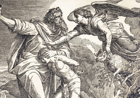 Abraham sacrifice of Isaac, angel is stopping him and showing him the ram for the sacrifice.