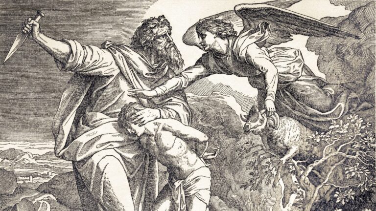 Abraham sacrifice of Isaac, angel is stopping him and showing him the ram for the sacrifice.