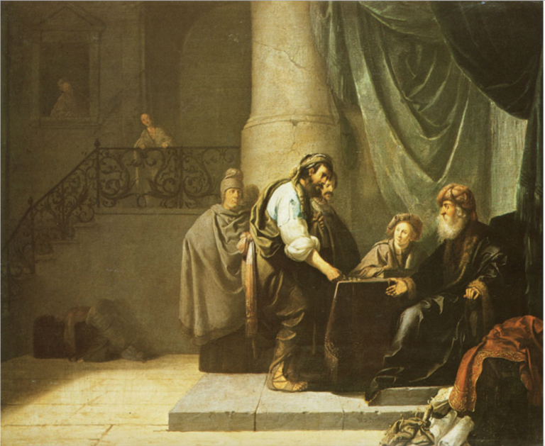 Painting by Willem de Poorter entitled The Parable of The Talents or Minas